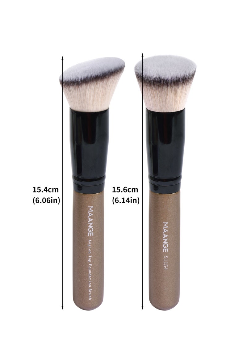 MAANGE فرشاة مكياج من قطعتين، فرش مكياج احترافية، تشمل فرشاة أساس مسطحة، فرشاة أساس مائلة، بني - Image 4