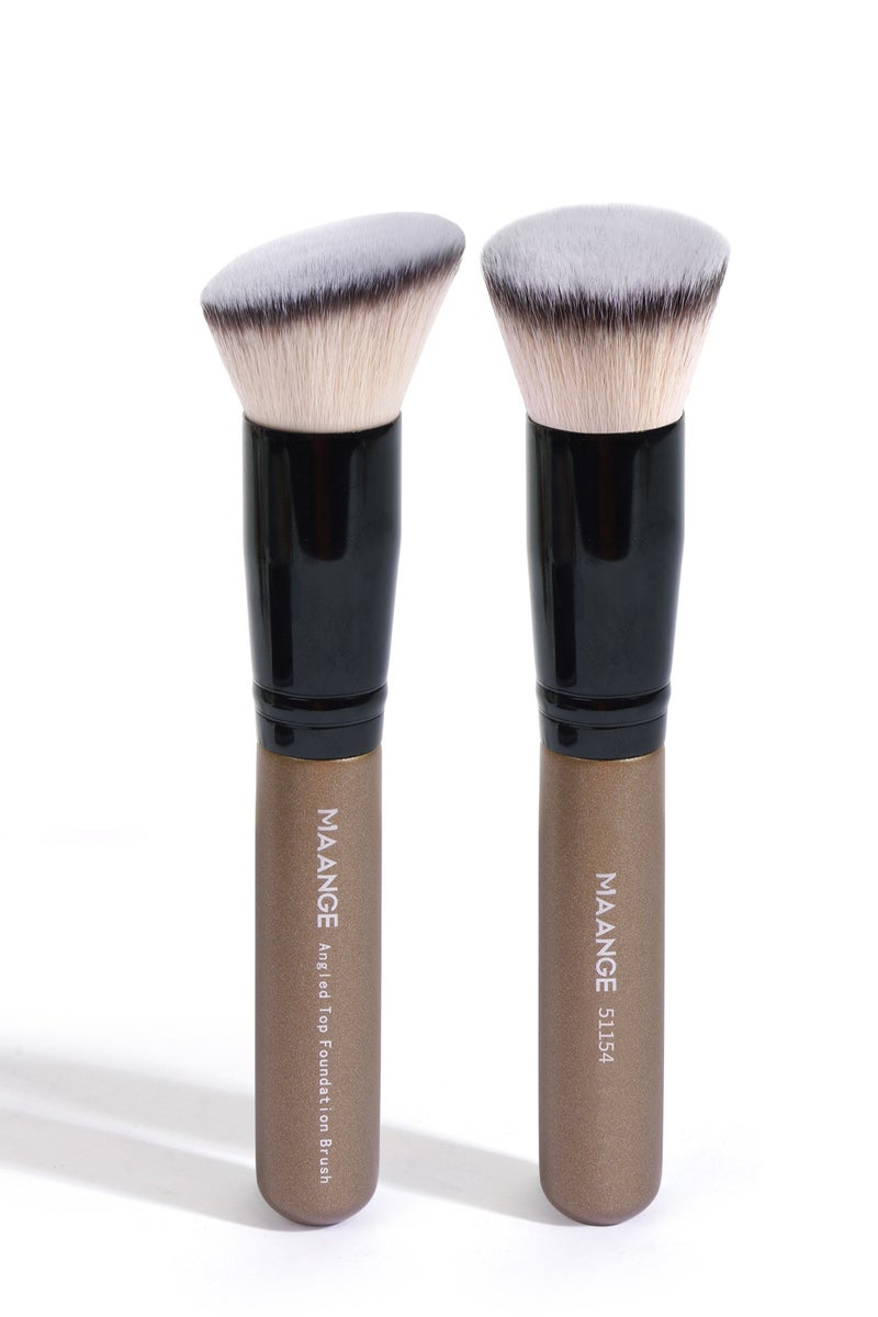 MAANGE فرشاة مكياج من قطعتين، فرش مكياج احترافية، تشمل فرشاة أساس مسطحة، فرشاة أساس مائلة، بني - Image 1