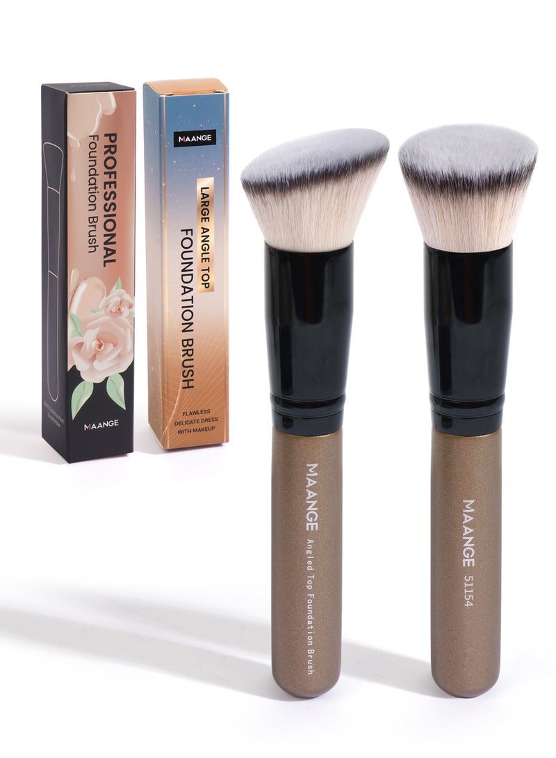 MAANGE فرشاة مكياج من قطعتين، فرش مكياج احترافية، تشمل فرشاة أساس مسطحة، فرشاة أساس مائلة، بني - Image 2