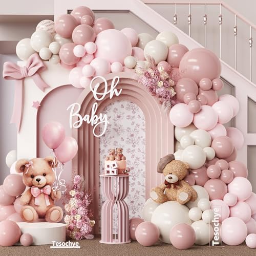 Tesochye Dusty Pink Balloon Arch Garland Kit141 Pcs Dusty Pink Light Pink Neutral Sand White Balloons for We Can Bearly Wait Baby Shower Gender Reveal Birthday Wedding Decoration - Image 1