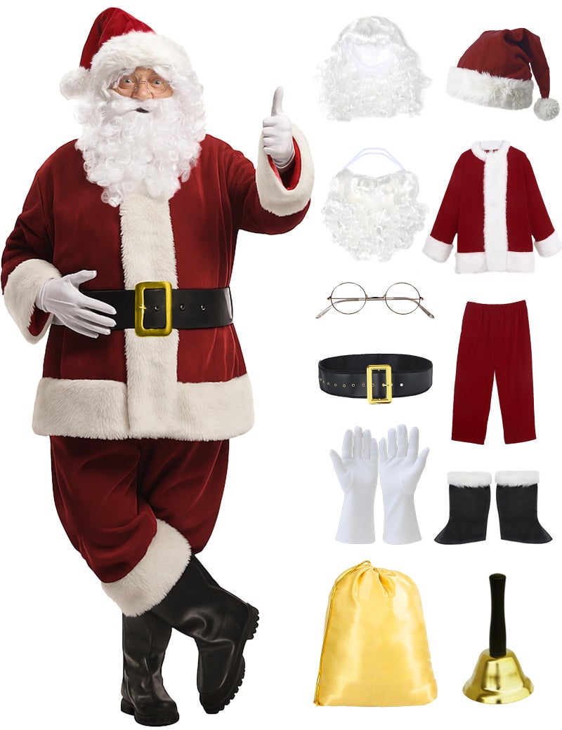 ADOMI Santa Claus Costume for Men Adults Santa Suit 11pcs Mens Red Deluxe Christmas Clause Outfit Cosplay Vacation Suits Set L