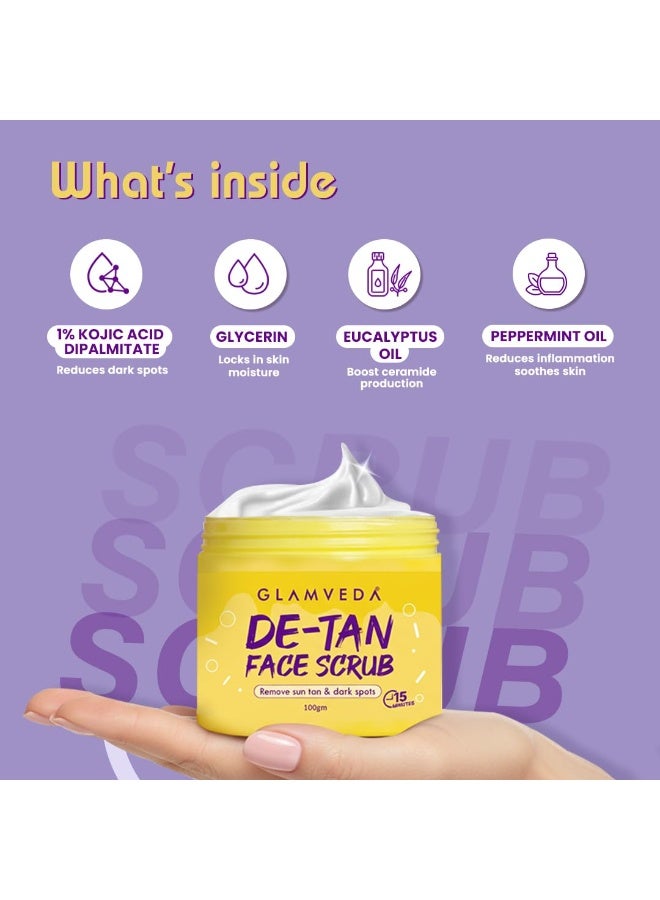 Glamveda De-Tan Face Scrub for Glowing Skin (Pack of 2 100gm) Tan Removal, Blackheads & Pigmentation Reduction | Scrub For Instant Brightening | Face Mask with Kojic Acid | Men & Women | All Skin Type - Image 3