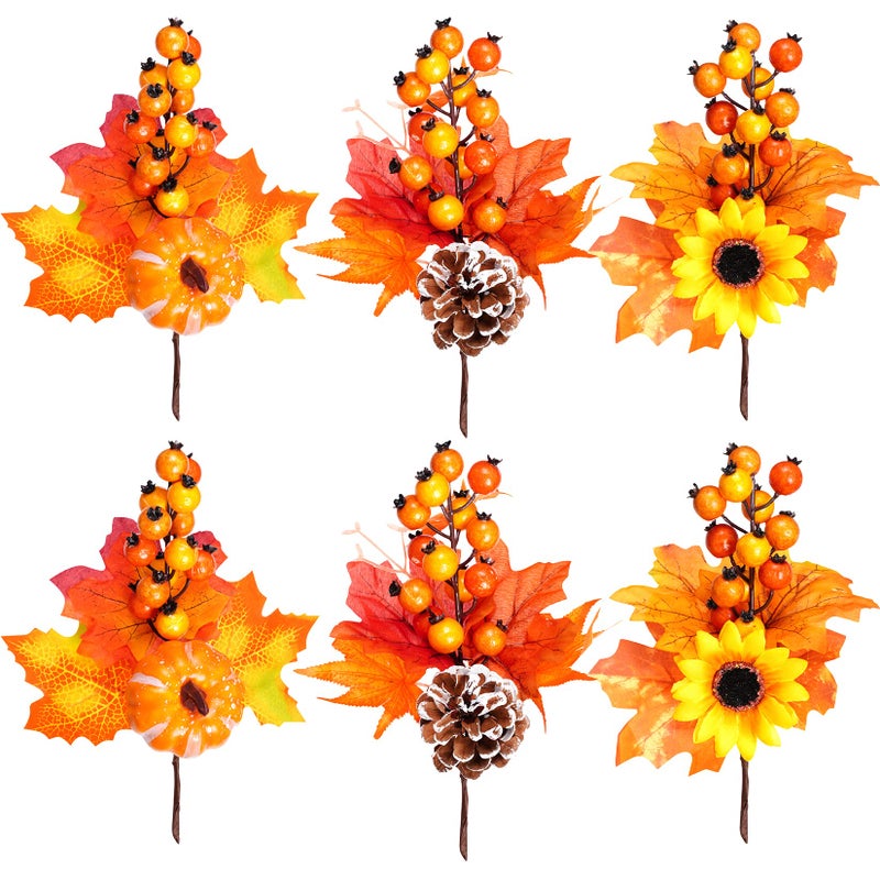 SUMERSHA 6 Pack Artificial Maple Leaves Branches Autumn Pumpkin Berry Twig Stem Orange Fall Stems Fake Artificial Flower Picks for Thanksgiving Christmas Harvest Festival Decoration DIY Floral Arrangements