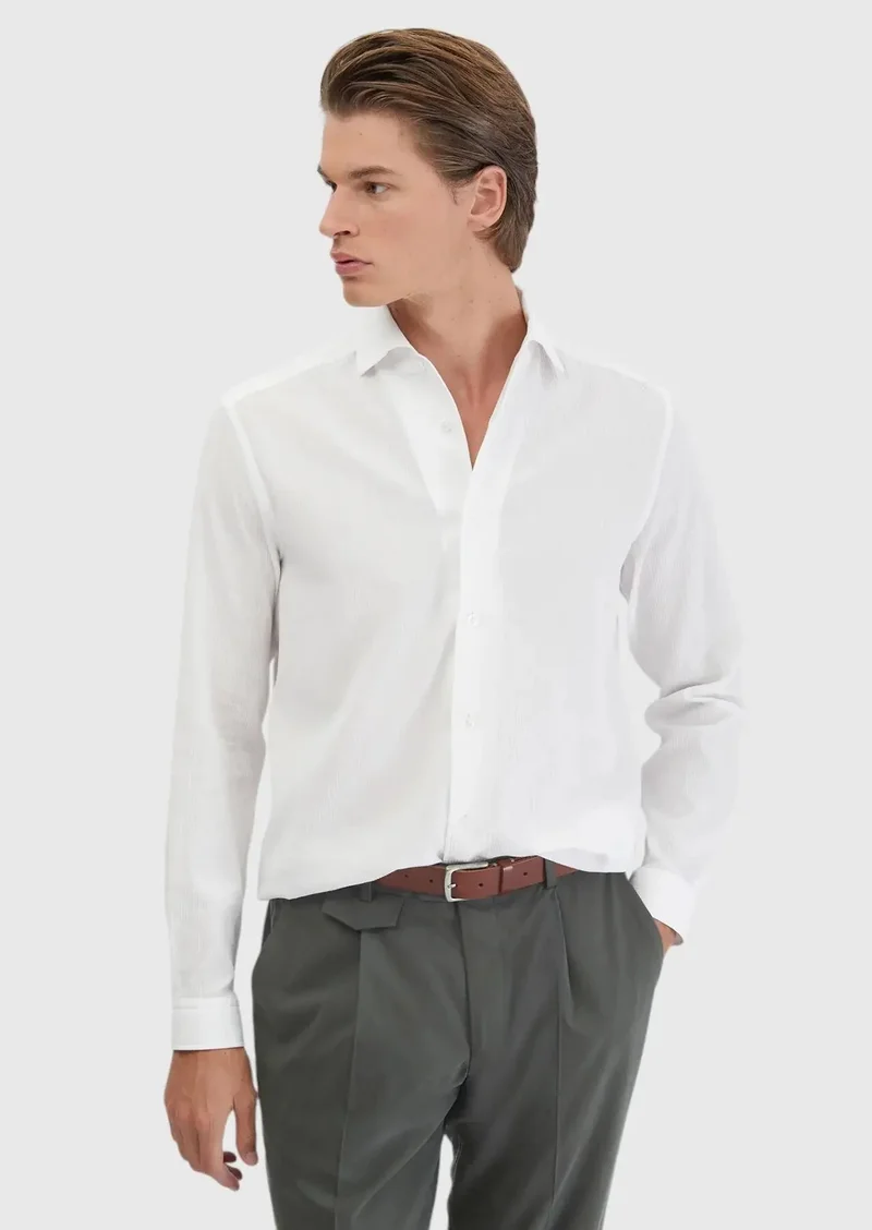 رامسي قميص أبيض سادة بقصة كاجوال، مصنوع من القطن الخالص 100%