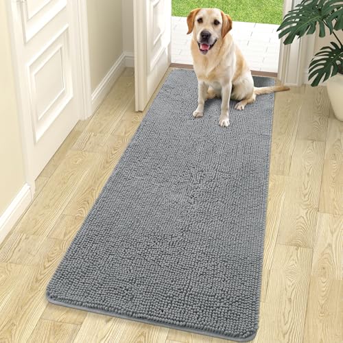 OLANLY Dog Door Mat for Muddy Paws 70x24 Absorbs Moisture and Dirt Absorbent NonSlip Washable Doormat Quick Dry Chenille Mud Mat for Dogs Entry Indoor Entryway Carpet for Inside Floor Grey
