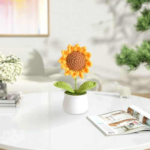 YiQiYi Crochet Flowers Artifical Sunflower for Office Desk Car Dashboard Decor Motivational Gifts for Women Handmade Knitted Flowers Birthday Christmas Party Home Decoration (Sunflower) - Image 2