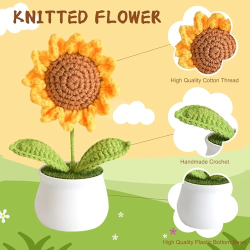 YiQiYi Crochet Flowers Artifical Sunflower for Office Desk Car Dashboard Decor Motivational Gifts for Women Handmade Knitted Flowers Birthday Christmas Party Home Decoration (Sunflower) - Image 3