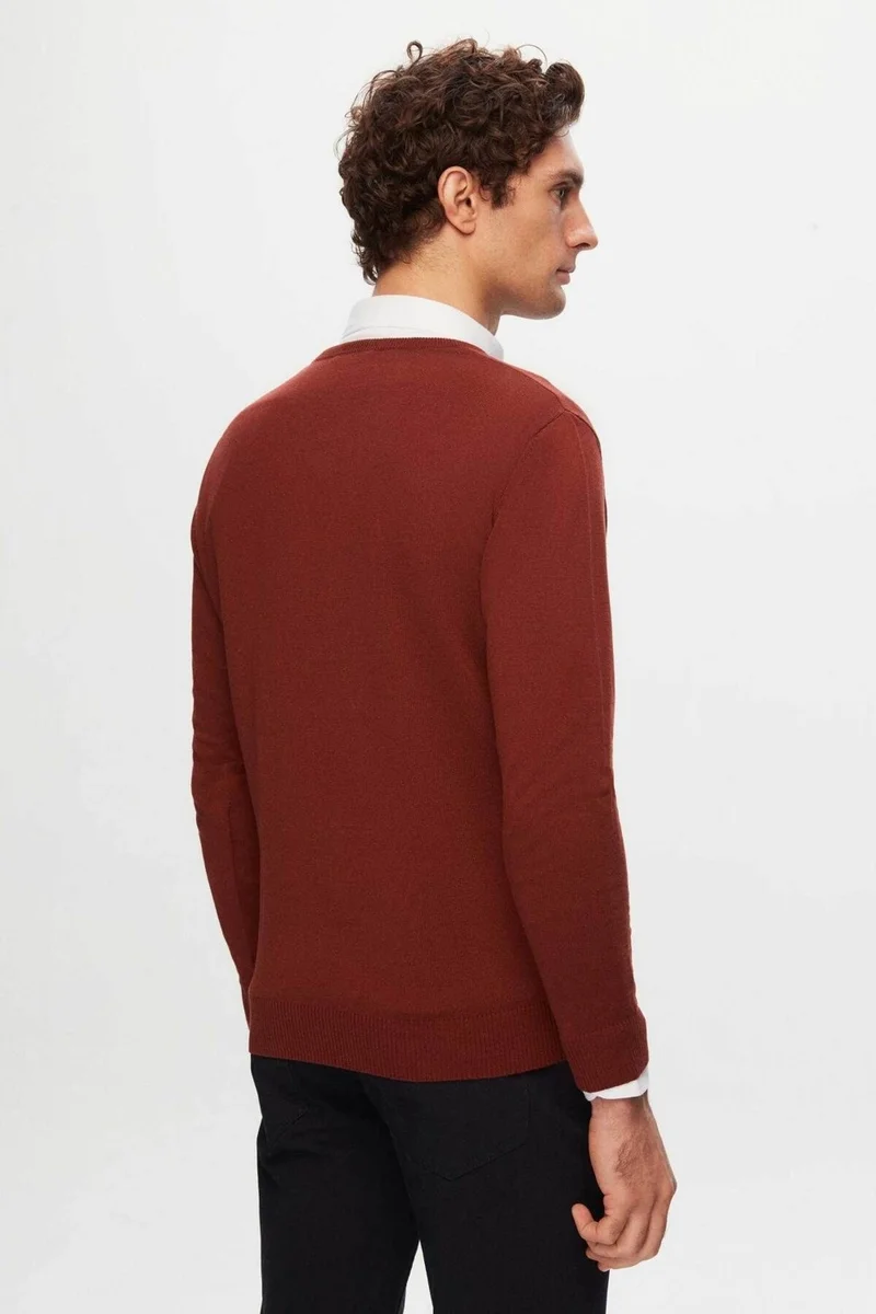 D'S DAMAT Regular Fit Brick Plain V Neck Knitwear Sweater 5HF06ORT12003