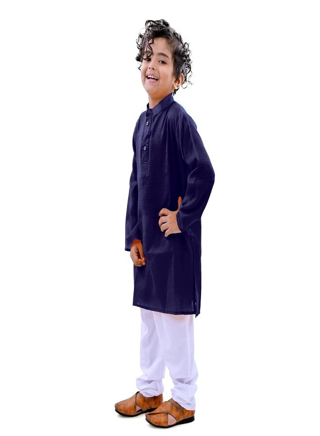 Trender Ethnic Wear Navy Blue Cotton Blend Full Sleeves Plain Kurta Set For Kids - Image 1