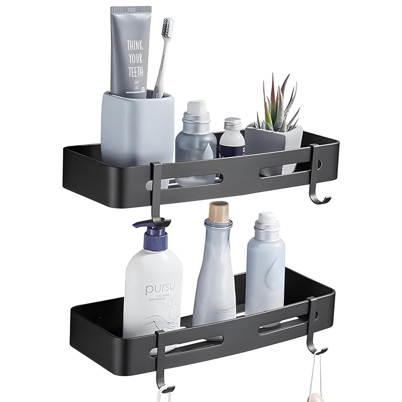 KRYLAR 2pcs Self-Adhesive Wall-Mounted Shelf for Bathroom & Kitchen - Aluminum Corner Rack with Hooks, Towel Holder & Modern Storage Solution,No Drill Required, Multi-Purpose Organizer for Accessories - Image 3