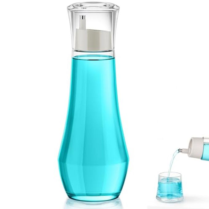 GLASS MOUTHWASH DISPENSER FOR BATHROOM 88OZ MOUTH WASH CONTAINER BOTTLE WITH LID CUP SMALL CLEAR REFILLABLE MOUTHWASH DISPENSER DECANTER FOR COUNTERTOP