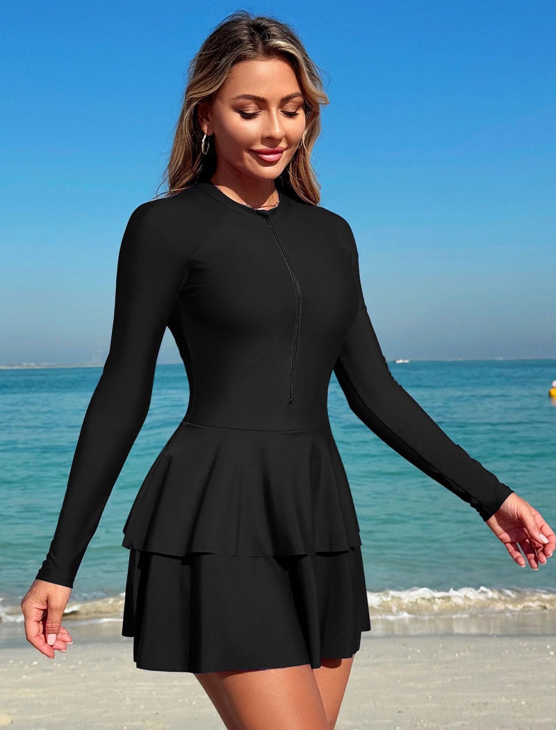 ZAFUL Women's One Piece Rash Guard Long Sleeve Modest Swimsuits Dress Zipper Bathing Suit Swimskirt 0-Black L - Image 3