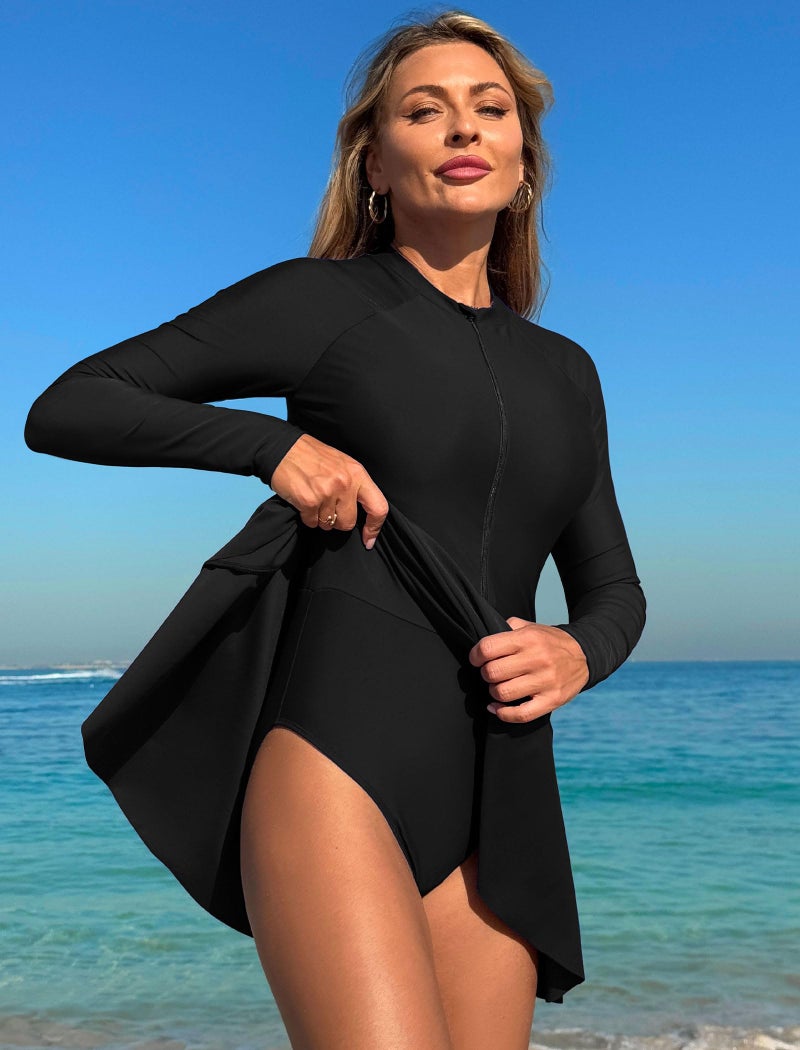 ZAFUL Women's One Piece Rash Guard Long Sleeve Modest Swimsuits Dress Zipper Bathing Suit Swimskirt 0-Black L - Image 2
