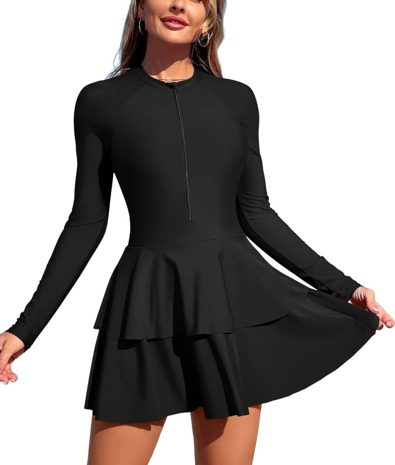 ZAFUL Women's One Piece Rash Guard Long Sleeve Modest Swimsuits Dress Zipper Bathing Suit Swimskirt 0-Black L - Image 1