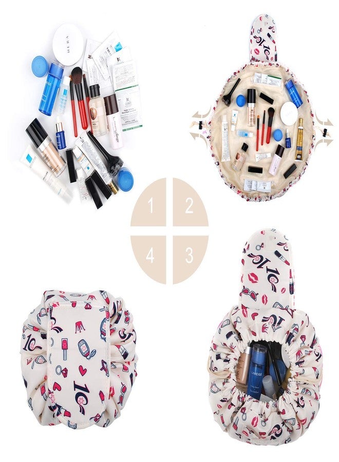 Nirvik Women’s Waterproof Travel Cosmetic & Toiletry Bag | Multifunction Portable Makeup Organizer with Drawstrings, Lazy Travel Storage Pouch (White Lip) - Image 2