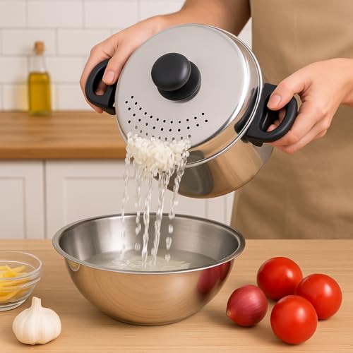 Pigeon Stainless Steel StrainMate with Glass Lid (3.7 Liter)-Cooking Strainer Pot for Pasta,Noodles,Vegetables,and Rice |Anti-Locking Design| Induction Base| Capsulated Bottom| ISI Certified - Image 4