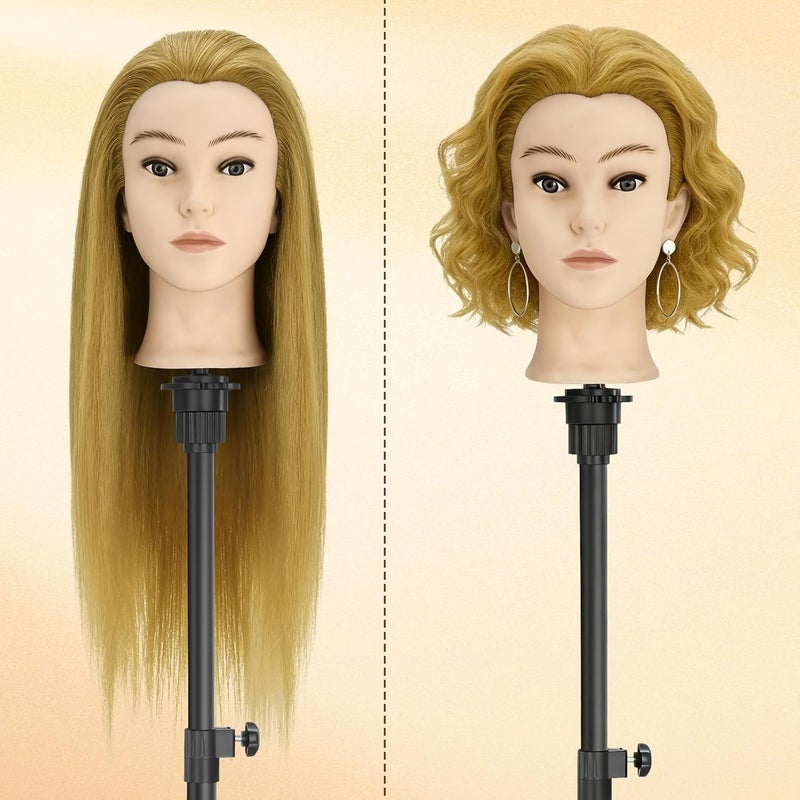 TwoWin Hairdressing Training Head with Pierced Ears, 24" 80% Real Hair Mannequin Head, Doll Head for Hair Braiding, Cutting & Styling Practice, Wig Styling Head With Clamp And Tools Set (Gold) - Image 2