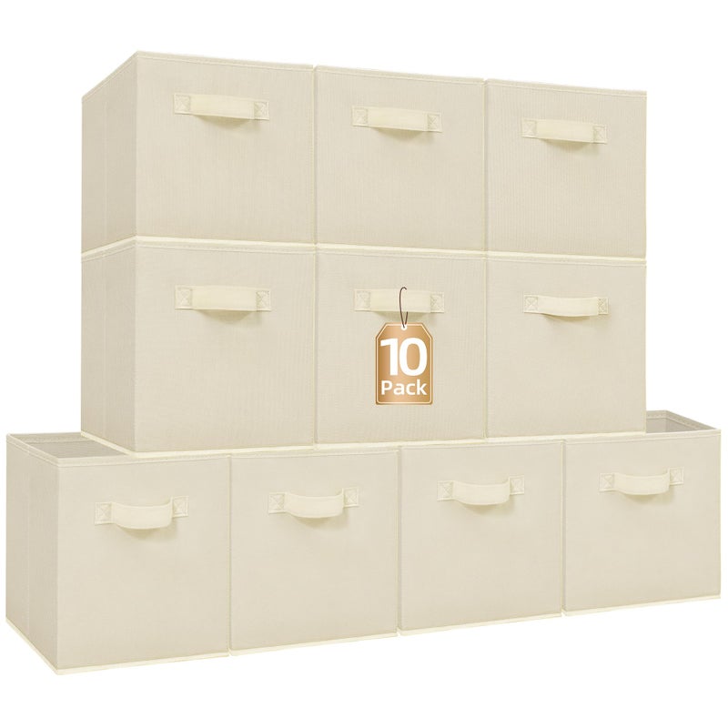 STORAGE MANIAC Storage Cubes 11 Inch Collapsible Storage Bins with Handles 10 Pack Fabric Foldable Bins for Organization Durable Storage Bins for Closet Shelves Offices 10Pack Beige - Image 2