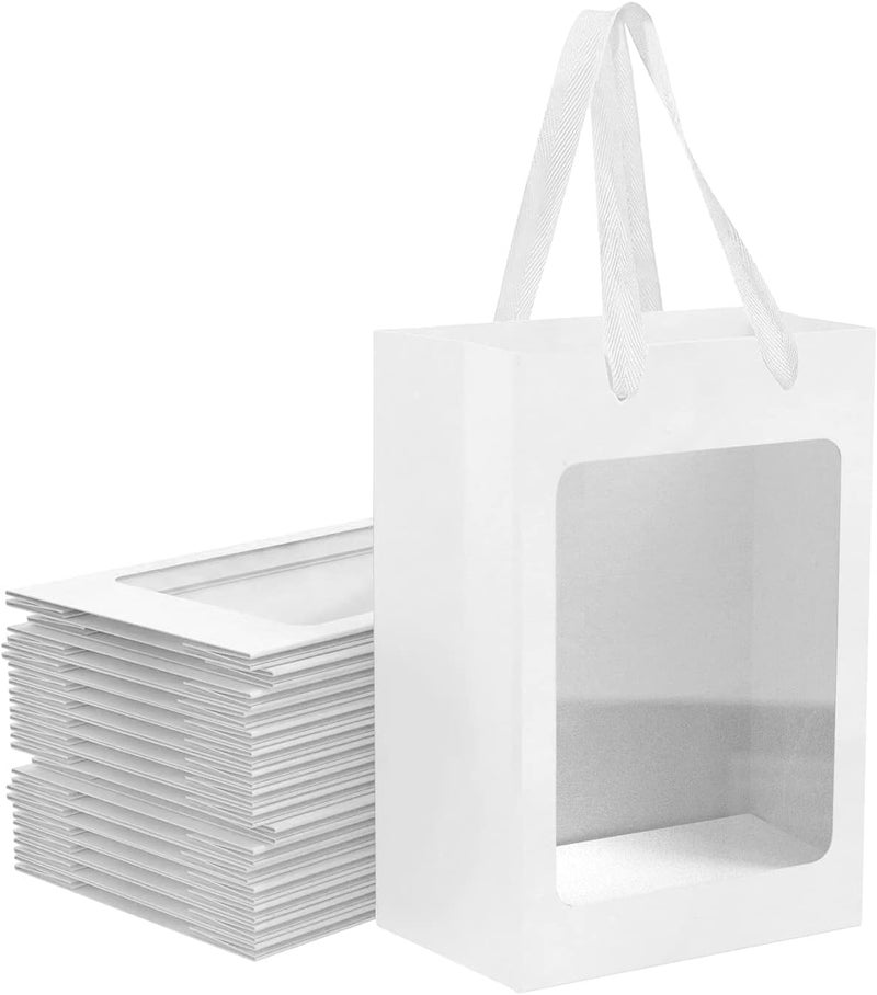 BallHull 12 Pcs White Kraft Paper Gift Bags with Transparent Window, 9.84"x7.0"x5.12" Kraft Shopping Bags with Handles for Bouquet Christmas Birthdays Festivals Party Weddings Wrapping - Image 1