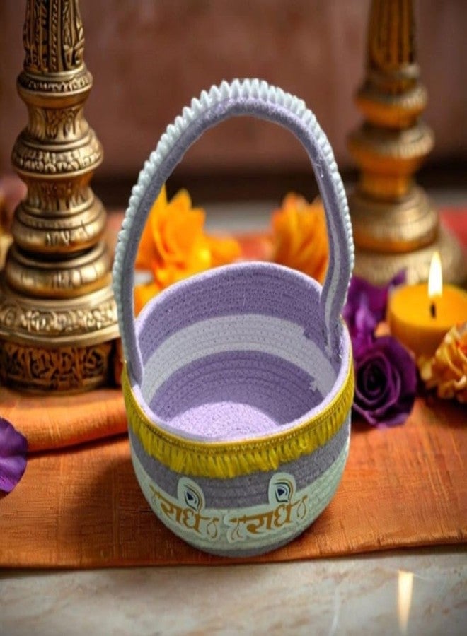 ROYAL TREND Bal Gopal Thakur ji Decorative Cary Basket/Daily Uses/Tokri with Suitable Handle for Travelling laddu Gopal relex Cotton Basket Multicolor Pack of 1 (Size: 0-5 Eco- Friendly (Purple - Image 2