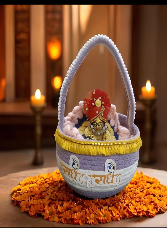 ROYAL TREND Bal Gopal Thakur ji Decorative Cary Basket/Daily Uses/Tokri with Suitable Handle for Travelling laddu Gopal relex Cotton Basket Multicolor Pack of 1 (Size: 0-5 Eco- Friendly (Purple - Image 1