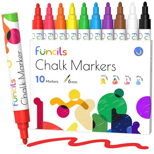 Funcils 10 Liquid Chalk Markers for Blackboard - (10 pack, 6mm Reversible Tip) | Chalkboard Markers Erasable for Window, Glass, Car, Mirror, Wall Calendar - Non Toxic, Washable, Wet Erase Chalk Pens - Image 1