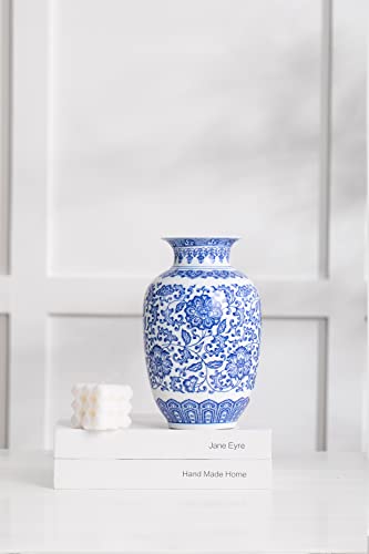 KuJaRen Blue and White Vase, Blue Vases Home Décor, Chinoiserie Vase, Blue and White Porcelain, Ceramic Vase for Home, Living Room, Bookshelf, Mantle Fireplace,Table Centerpieces,9" - Image 3