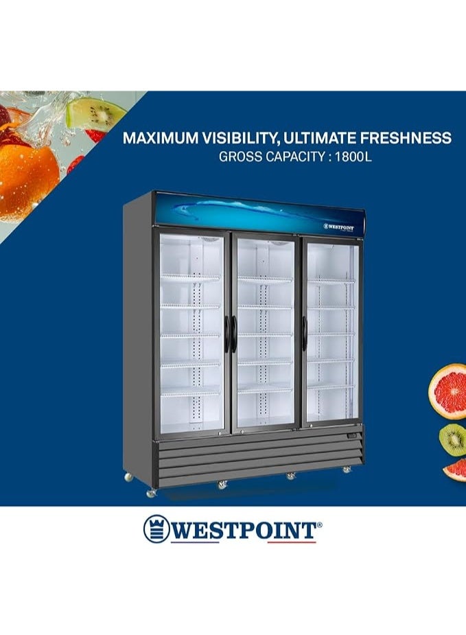 Westpoint Showcase Chiller 1800Ltr 3 Doors, NO FROST,Uniform Cooling,Tempered Glass,Wire Shelves Top Canopy&Light, With Wheels,Metalic Hinges,Lock&Key,Spacious-Black WPSN-18017RT3 1800 L 2400 W WPSN-18017RT3 black - Image 3