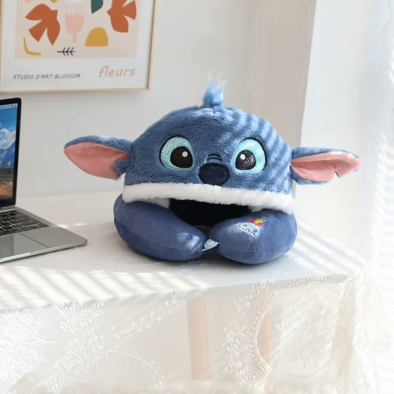 Cute Hooded Neck Pillow for Travel and Office Blue stitch