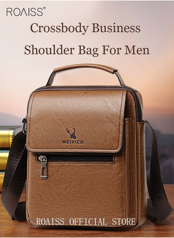 roaiss Men Business Leather Crossbody Bag Vertical Type Square Type Shoulder Bag Men Zipper Buckle Leather Messenger Bag Crossbody Shoulder Bag Vintage Handle Bags  - Image 1