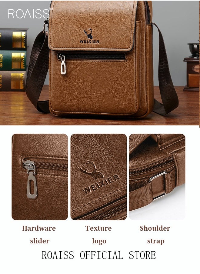 roaiss Men Business Leather Crossbody Bag Vertical Type Square Type Shoulder Bag Men Zipper Buckle Leather Messenger Bag Crossbody Shoulder Bag Vintage Handle Bags  - Image 3