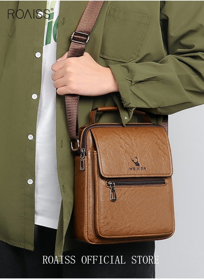 roaiss Men Business Leather Crossbody Bag Vertical Type Square Type Shoulder Bag Men Zipper Buckle Leather Messenger Bag Crossbody Shoulder Bag Vintage Handle Bags  - Image 2