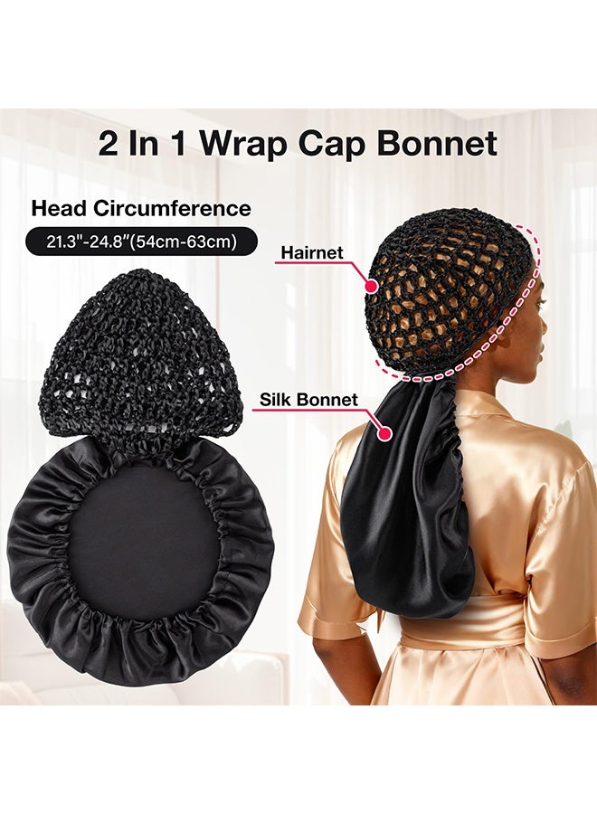 1 Pcs Black 2 In 1 Reversible Double Layer Hair Bonnet & Wrap Cap with Net, Adjustable Elastic Hair Saver, for Sleeping, Silk Press & Braid Protection, Fits Natural Hair, Braids & Locs - Image 2