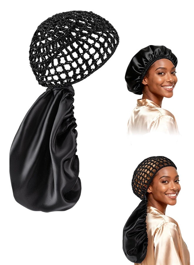 1 Pcs Black 2 In 1 Reversible Double Layer Hair Bonnet & Wrap Cap with Net, Adjustable Elastic Hair Saver, for Sleeping, Silk Press & Braid Protection, Fits Natural Hair, Braids & Locs - Image 1