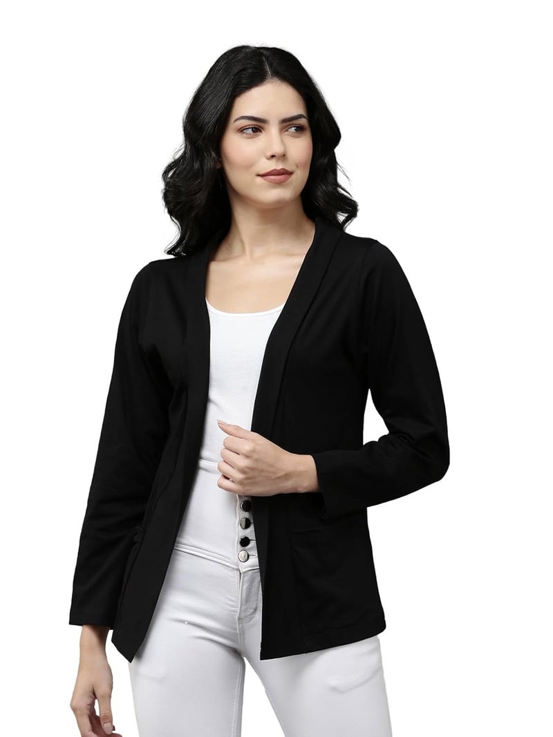 KRYPTIC Women’s Regular Length Cotton Shrug with Side Pockets | Soft Lightweight Knitted Fabric, Open Front Long Sleeve Layer for Stylish Everyday Wear, Casual Outfits & Travel - Image 1