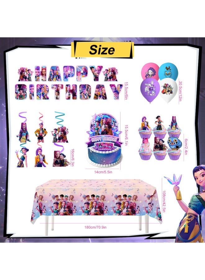 حفلة مثمرة زينة حفلة عيد ميلاد مستوحاة من فرقة صائدي الشياطين الكورية، مجموعة زينة HUNTR/X مكونة من 33 قطعة - بالونات، لافتة، مفرش طاولة، زينة كب كيك، قلادة حلزونية، وغيرها من مستلزمات حفلات عيد ميلاد فرقة صائدي الشياطين الكورية - Image 3