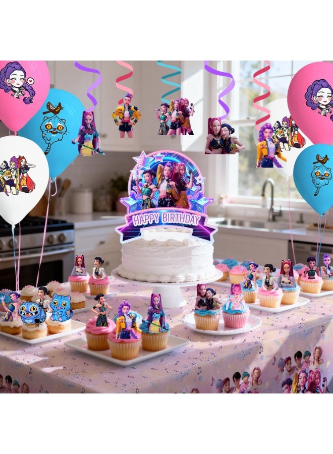 حفلة مثمرة زينة حفلة عيد ميلاد مستوحاة من فرقة صائدي الشياطين الكورية، مجموعة زينة HUNTR/X مكونة من 33 قطعة - بالونات، لافتة، مفرش طاولة، زينة كب كيك، قلادة حلزونية، وغيرها من مستلزمات حفلات عيد ميلاد فرقة صائدي الشياطين الكورية - Image 5