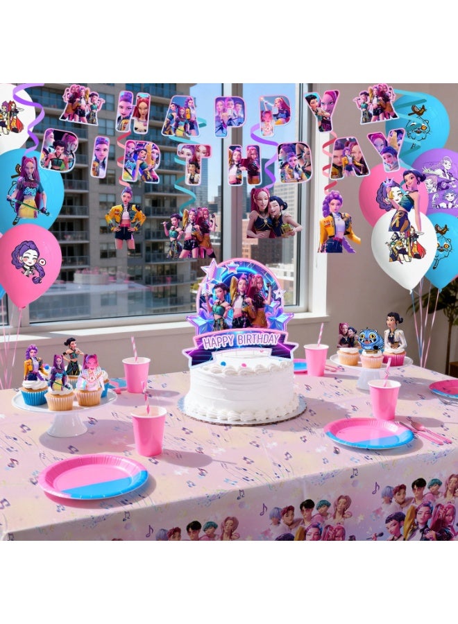 حفلة مثمرة زينة حفلة عيد ميلاد مستوحاة من فرقة صائدي الشياطين الكورية، مجموعة زينة HUNTR/X مكونة من 33 قطعة - بالونات، لافتة، مفرش طاولة، زينة كب كيك، قلادة حلزونية، وغيرها من مستلزمات حفلات عيد ميلاد فرقة صائدي الشياطين الكورية - Image 4