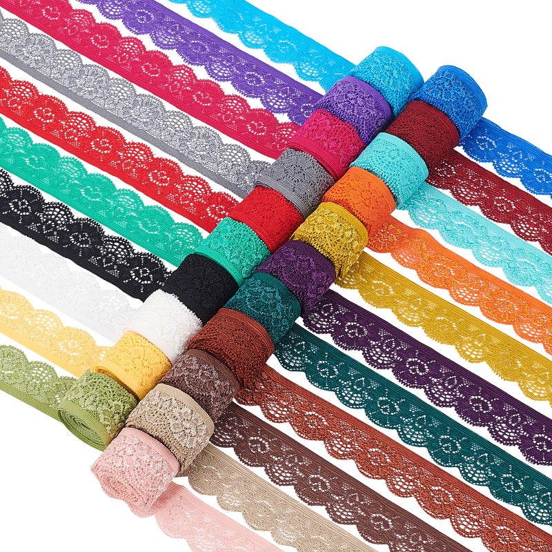 BENECREAT 42 Yards 1" Wide Lace Elastic Trim Assorted Color Lace Ribbon Flower Edge Trimming for Sewing Craft Wedding Party Decor Clothes, 2 Yards/Roll - Image 1