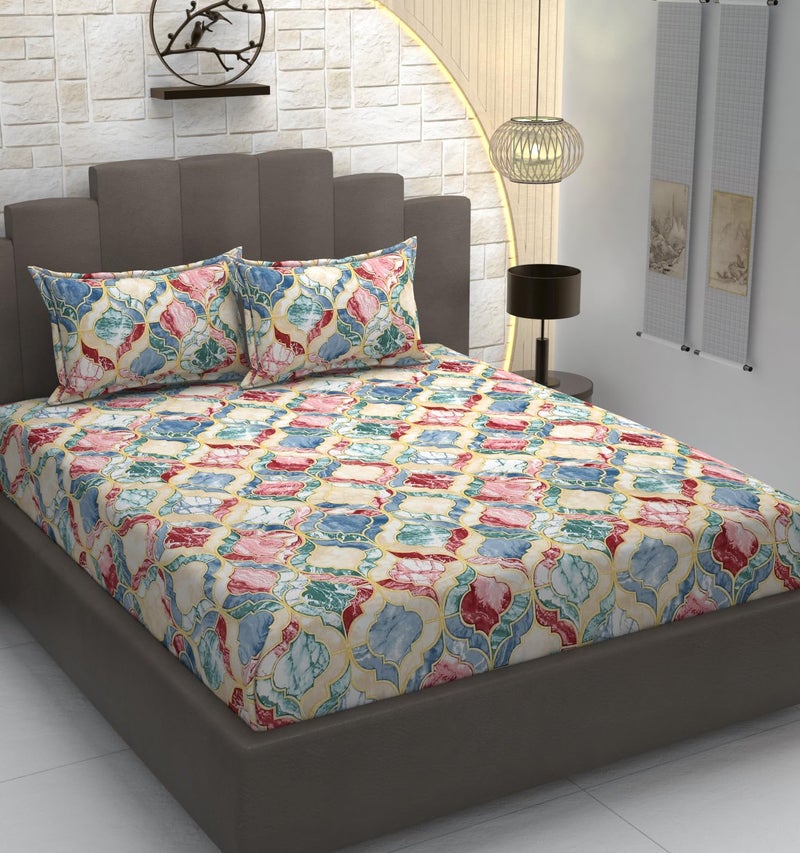 TIB Glace Cotton Elastic Fitted Bedsheets Double Bed 72x78x8 Inches with 2 Pillow Covers, 210TC (Pink & Beige, Double) - Image 1