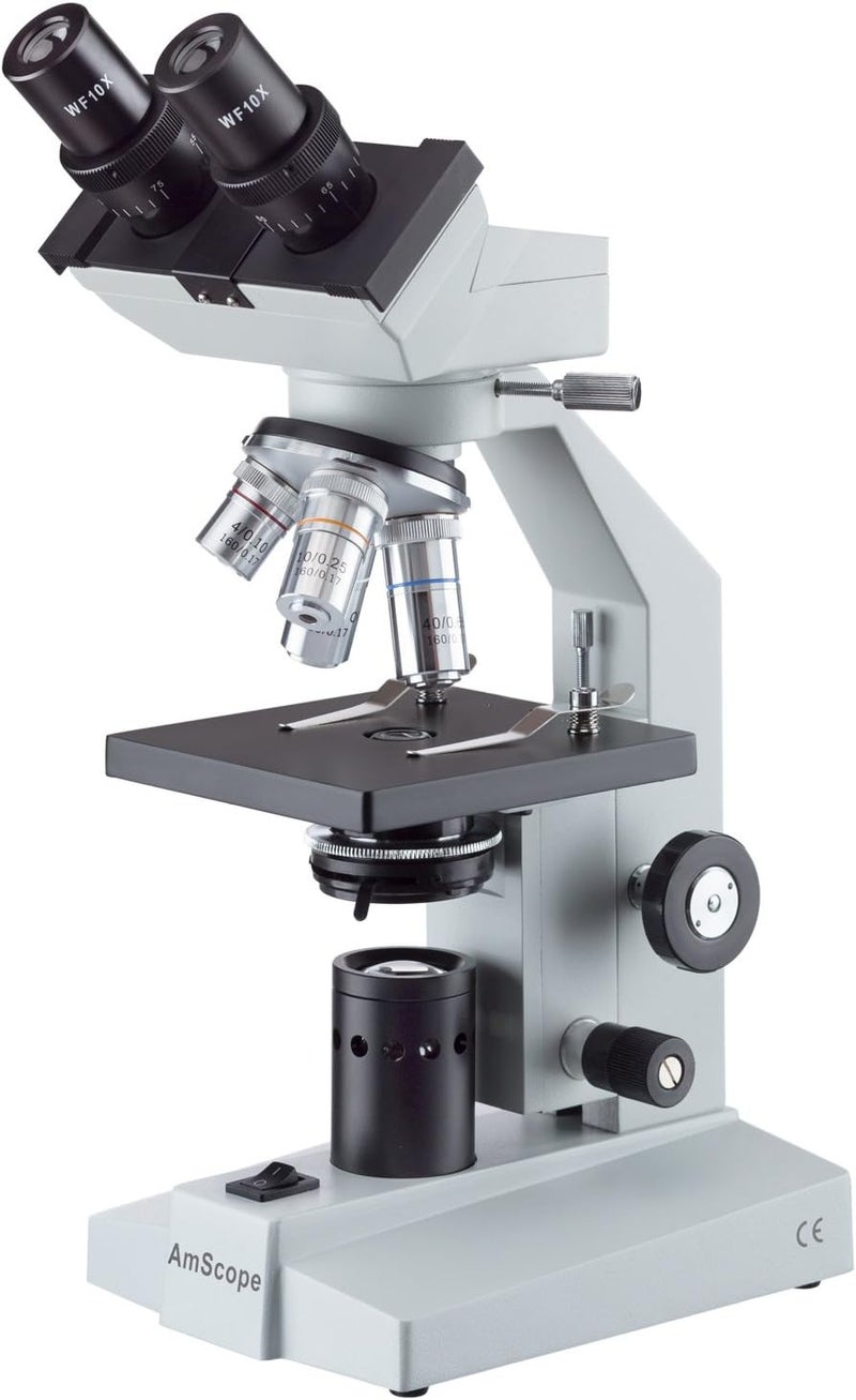 AmScope B100B Compound Binocular Microscope 40X2000X Magnification Brightfield Tungsten Illumination Abbe Condenser Plain Stage - Image 1