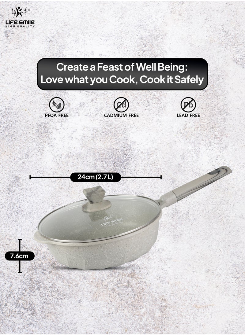 Deep Frying Pan With Lid - Multi Layer Granite Coating French Deep Fry Pan | Multiple Hob Compatibility | Heat-Resistant Handle