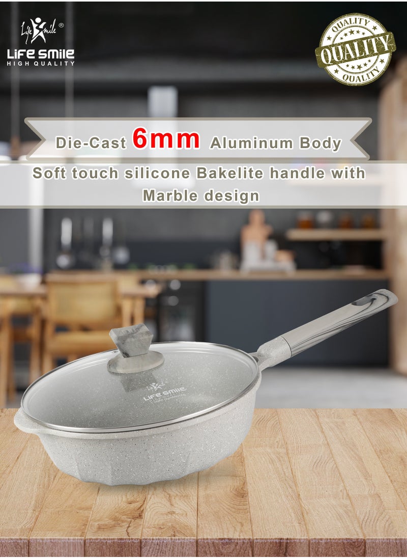 Deep Frying Pan With Lid - Multi Layer Granite Coating French Deep Fry Pan | Multiple Hob Compatibility | Heat-Resistant Handle