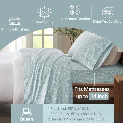 Sleep Philosophy True North by Sleep Philosophy Cozy Flannel Warm 100% Cotton Sheet - Novelty Print Animals Stars Cute Ultra Soft Cold Weather Bedding Set, Queen, Aqua Dots 4 Piece - Image 4
