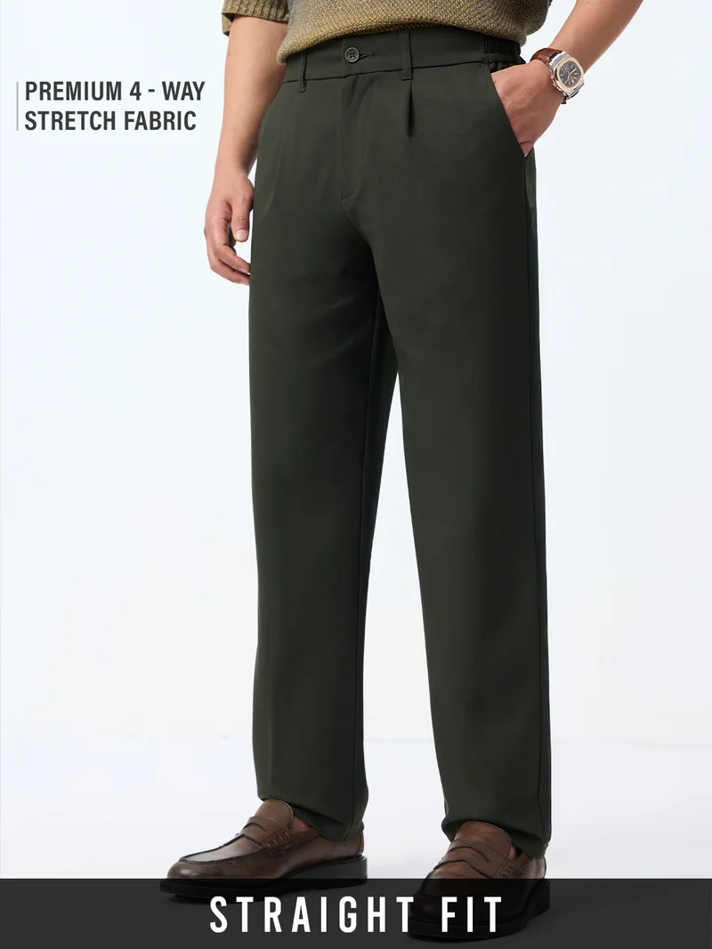 ذا سوليد ستور The Souled Store Straight Pleated Pants: Carbon Men and Boys Dark Olive Green Solid Polyester Viscose Elastane Blend Straight Fit 4-Way Stretch Wrinkle-Free Trousers