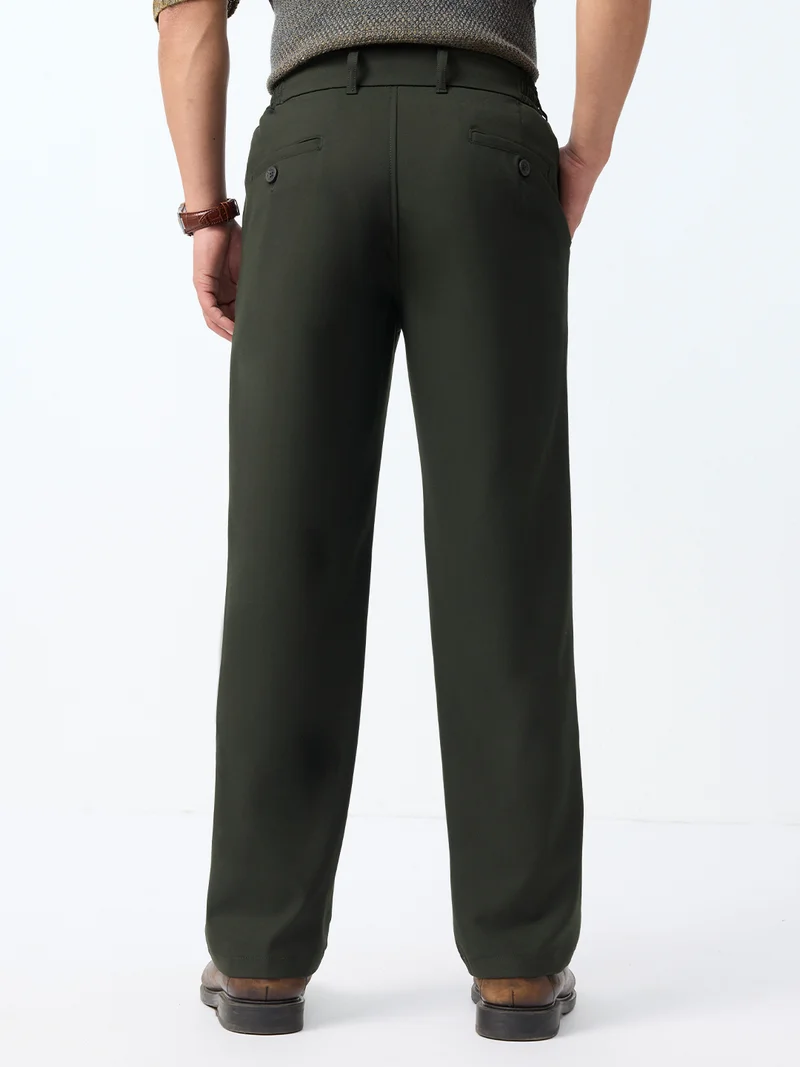 The Souled Store  The Souled Store Straight Pleated Pants: Carbon Men and Boys Dark Olive Green Solid Polyester Viscose Elastane Blend Straight Fit 4-Way Stretch Wrinkle-Free Trousers  | Best Price UAE