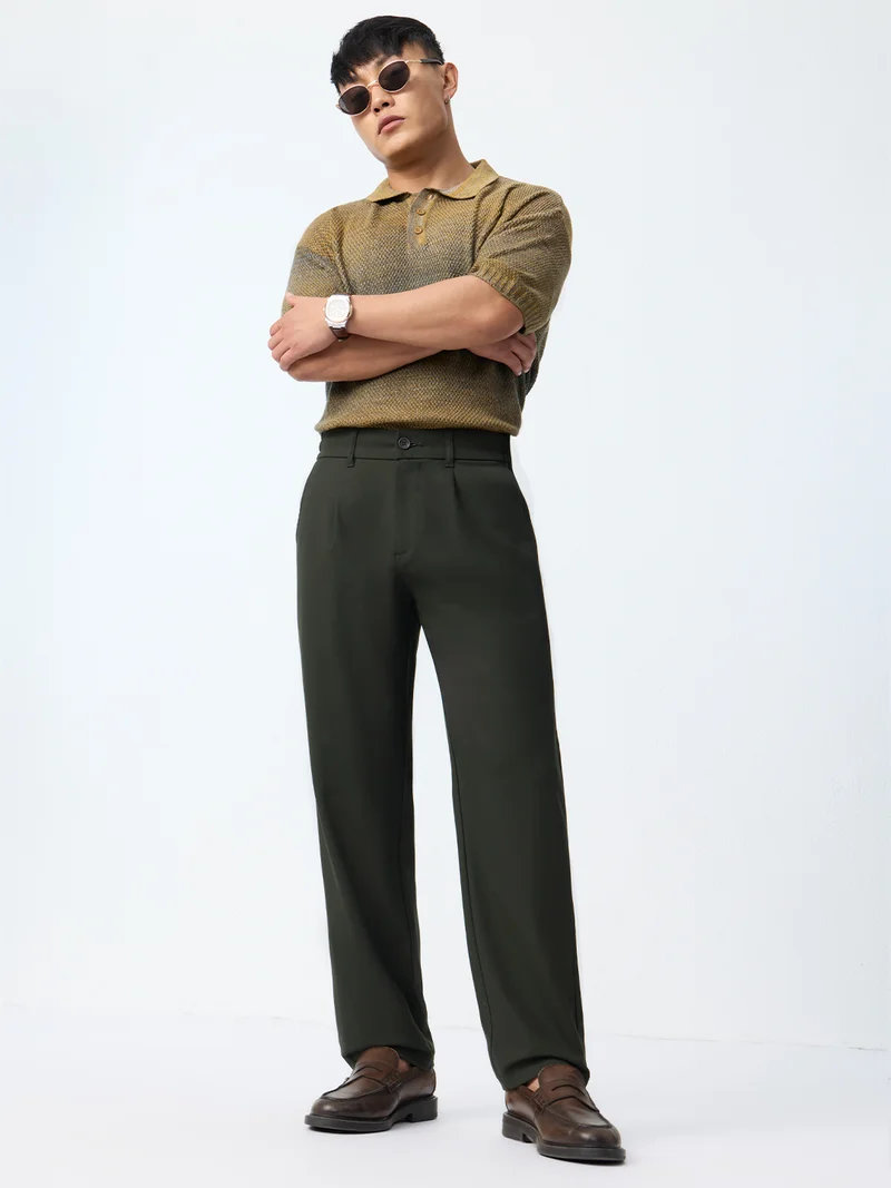 The Souled Store  The Souled Store Straight Pleated Pants: Carbon Men and Boys Dark Olive Green Solid Polyester Viscose Elastane Blend Straight Fit 4-Way Stretch Wrinkle-Free Trousers  | Best Price UAE