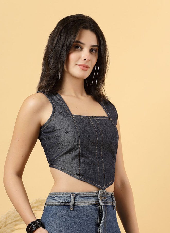 RAASSIO بلوزة قصيرة من الدنيم بطبعة هندسية للنساء - Image 3