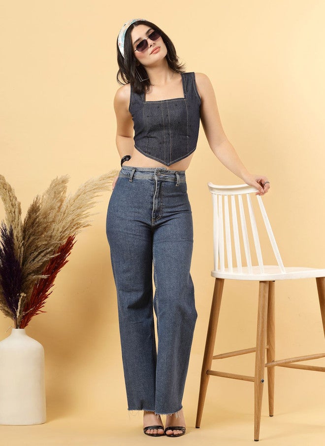 RAASSIO بلوزة قصيرة من الدنيم بطبعة هندسية للنساء - Image 5