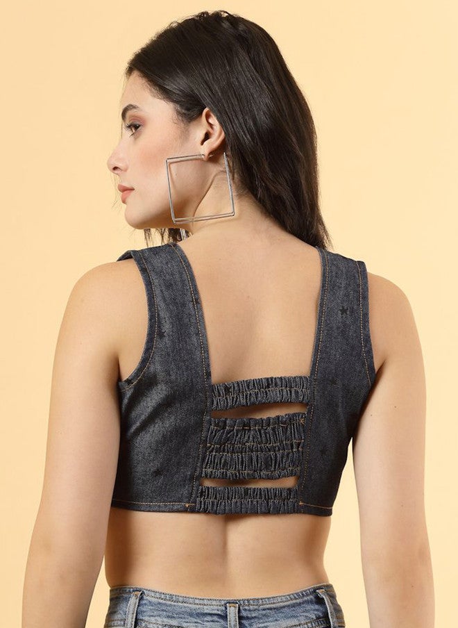 RAASSIO بلوزة قصيرة من الدنيم بطبعة هندسية للنساء - Image 4